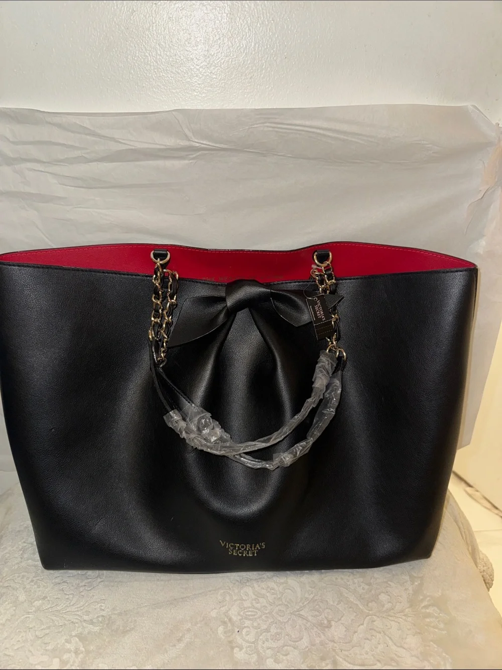 Victoria's Secret Black Tote with Red Interior and Gold Chain Handles
